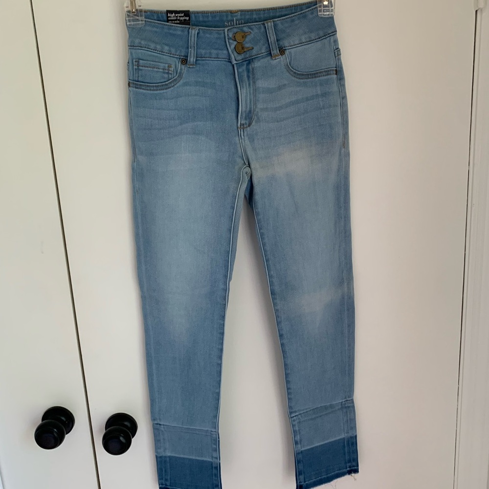 Soho Blue Ankle Cropped Jeans with Color-Blocked Hem